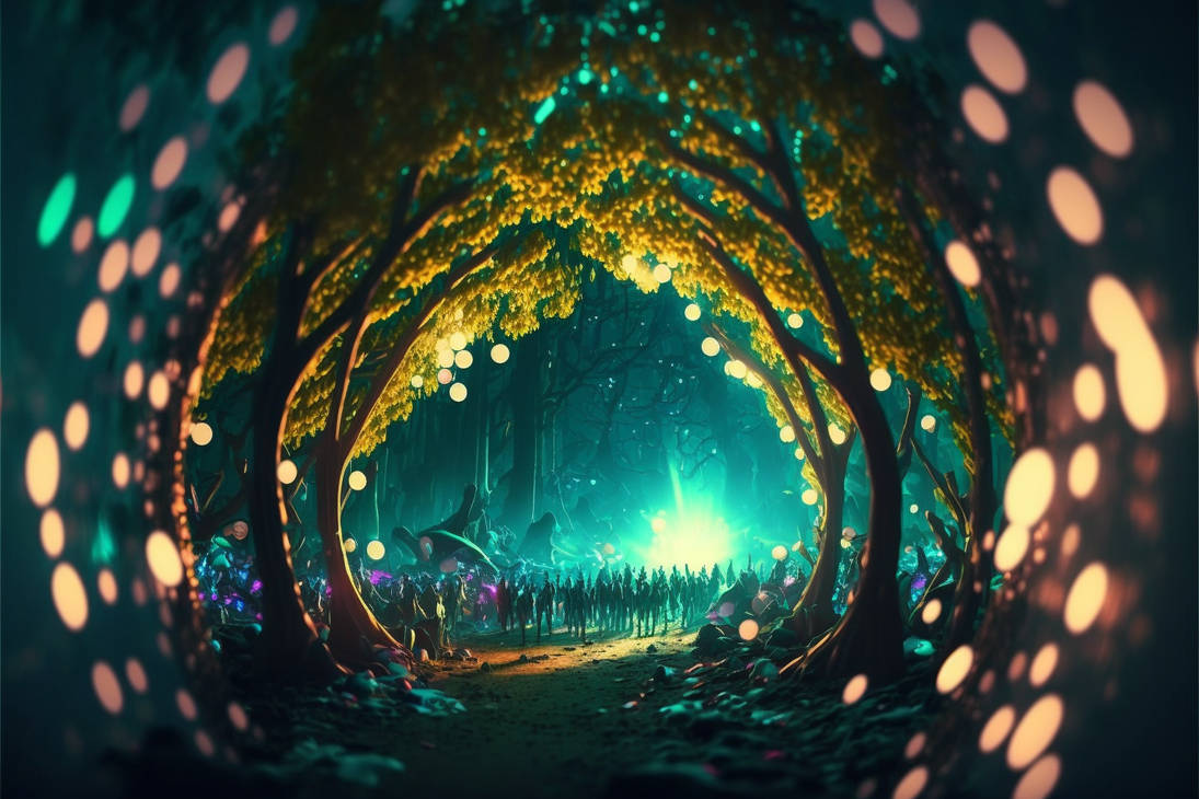Hintergrundbild eines mystischen Waldes mit grünen Bäumen und sanftem Licht, passend zum Abackärn Festival